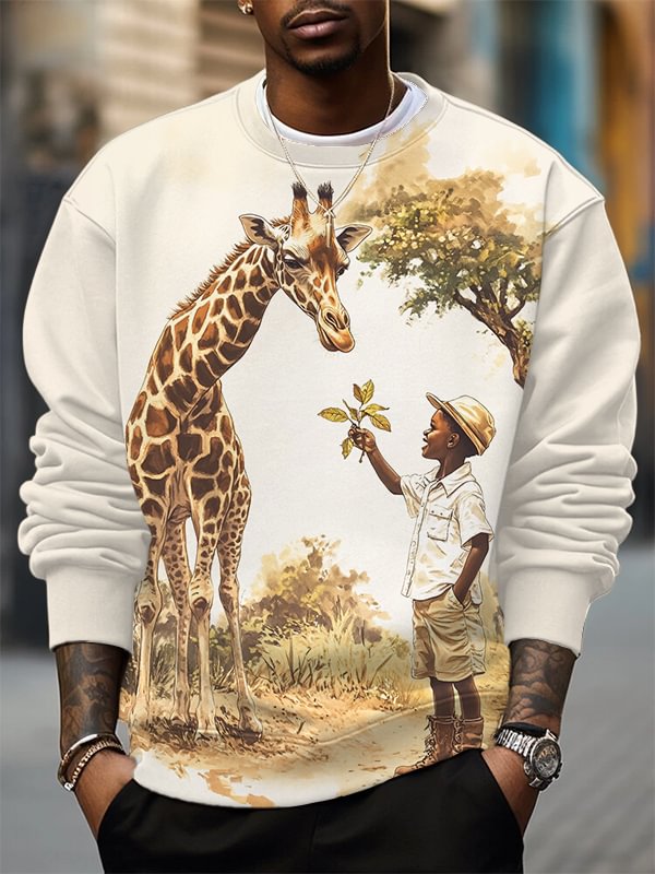 Men's Black Boy and Giraffe Nature Art Print Casual Sweatshirt