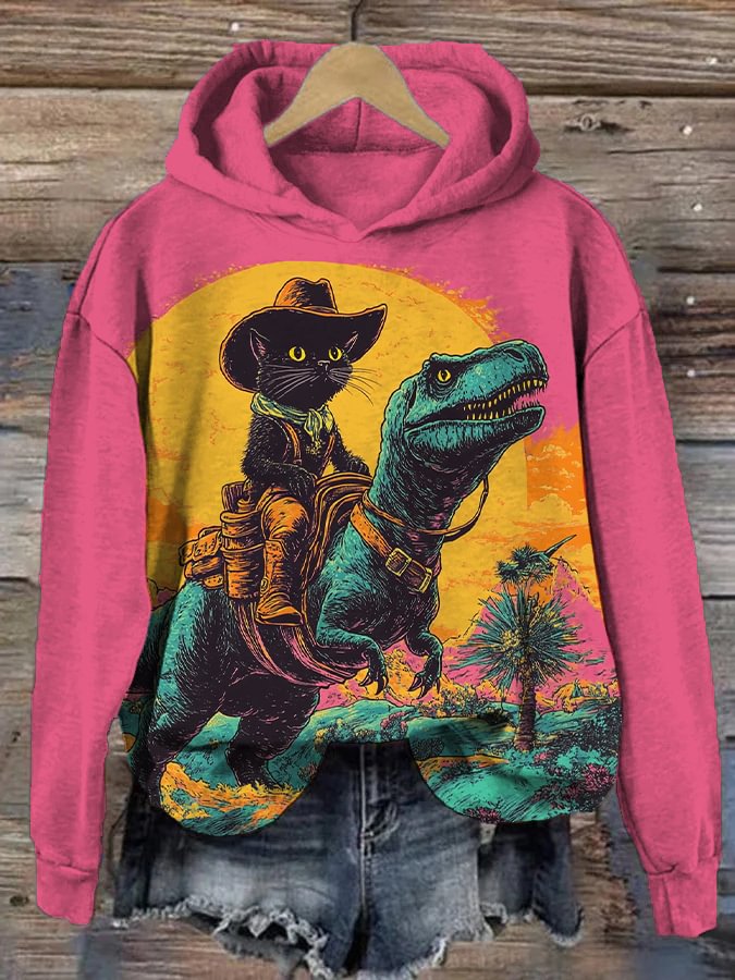 Women's The Fantasy Journey Of Cowboy Black Cat And Dinosaur Print Hooded Sweatshirt