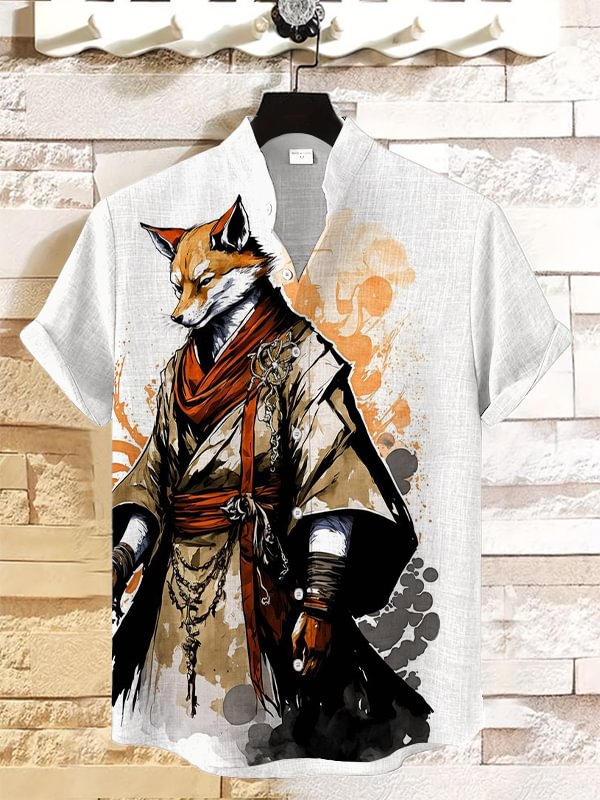 Men's Mystical Robed Fox Watercolor Art Print Short Sleeve Linen Blend Shirt
