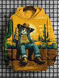 Men's Western Cowboy Cat Drinking Beer Art Print Hooded Sweatshirt
