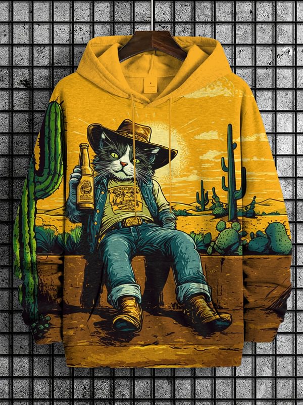 Men's Western Cowboy Cat Drinking Beer Art Print Hooded Sweatshirt