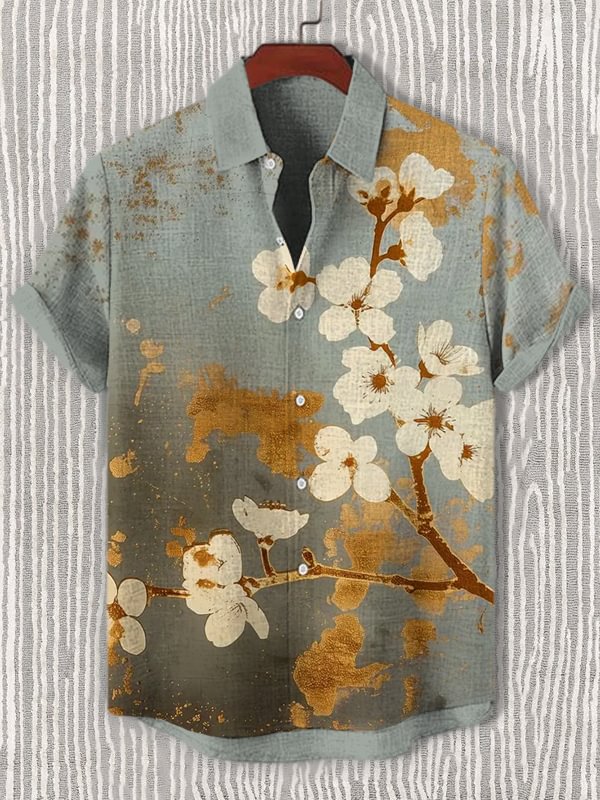 Men's Gold Foil Cherry Blossoms Japanese Art Print Casual Shirt