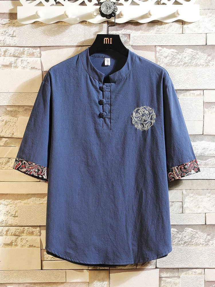 Men's Retro Paisley Pattern Cotton And Linen Short Sleeve Shirt