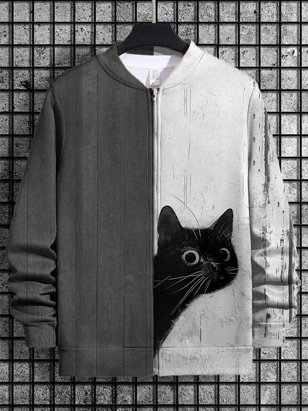 Men's Peeking Cat Art Print Casual Zip Up Jacket