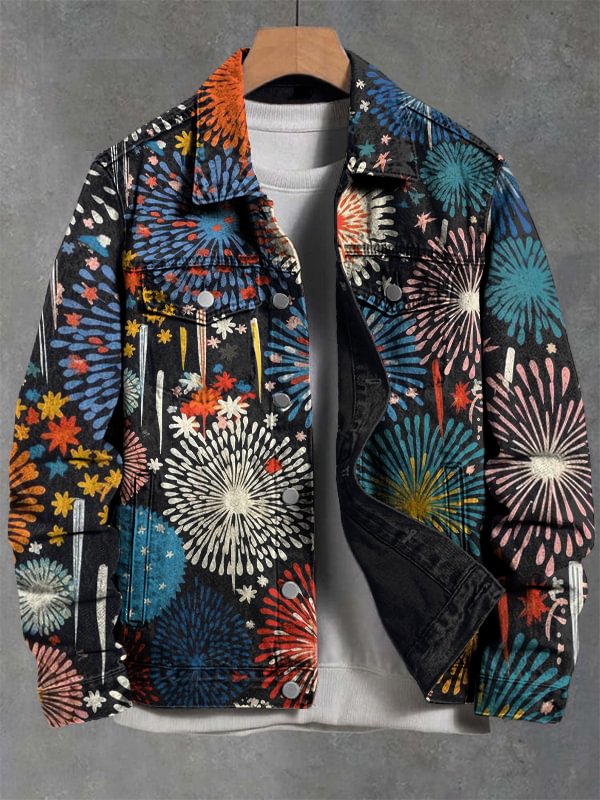 Men's Holiday Fireworks Art Print Denim-Like Long Sleeve Shirt