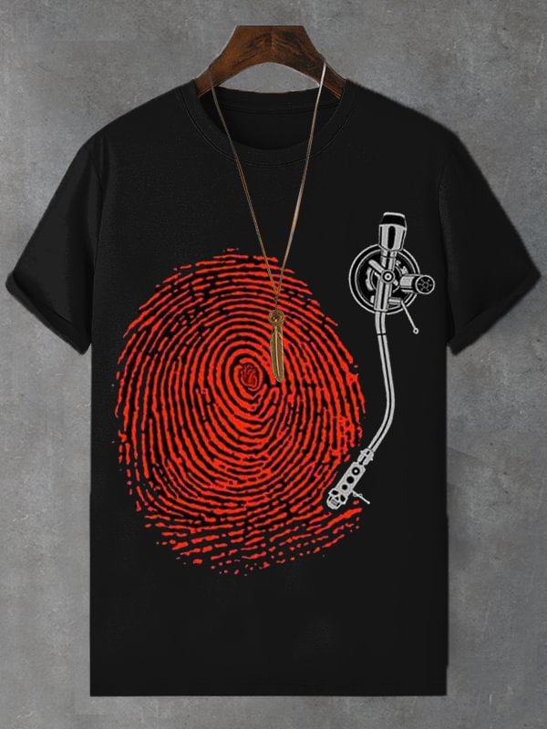 Men's Retro Fingerprint Record Print Cotton Casual T-Shirt