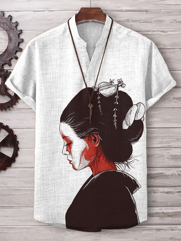 Men's Japanese Geisha Art Graphic Print V Neck T-Shirt