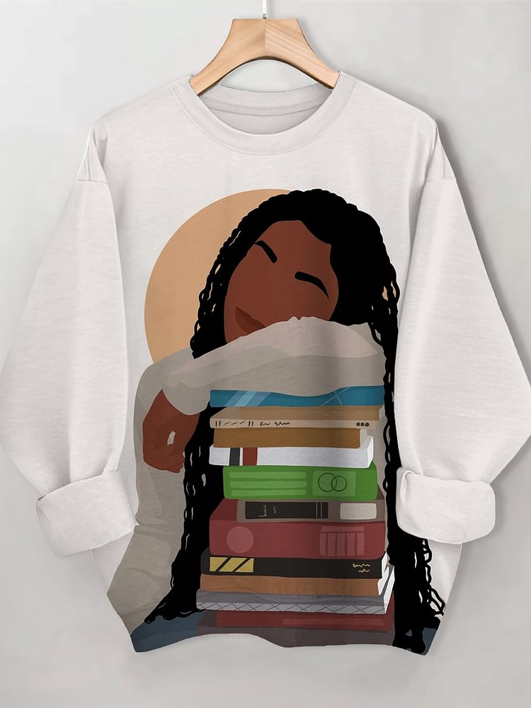 Women's Black Girl Book Lover Art Print Casual Sweatshirt