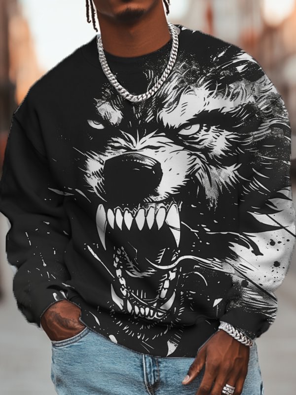 Men's Fierce Wolf Graphic Print Casual Sweatshirt