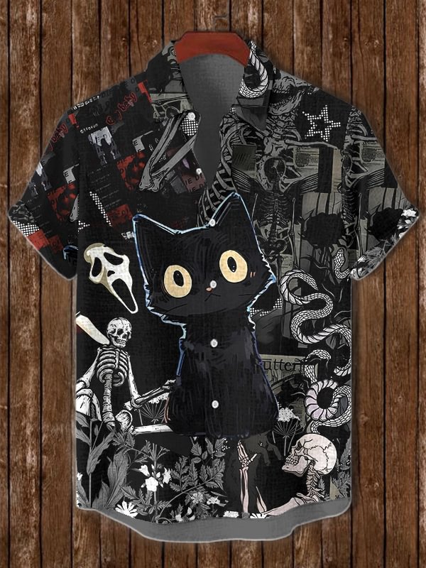 Men's Halloween Ghost Black Cat Skull All Over Print Casual Shirt