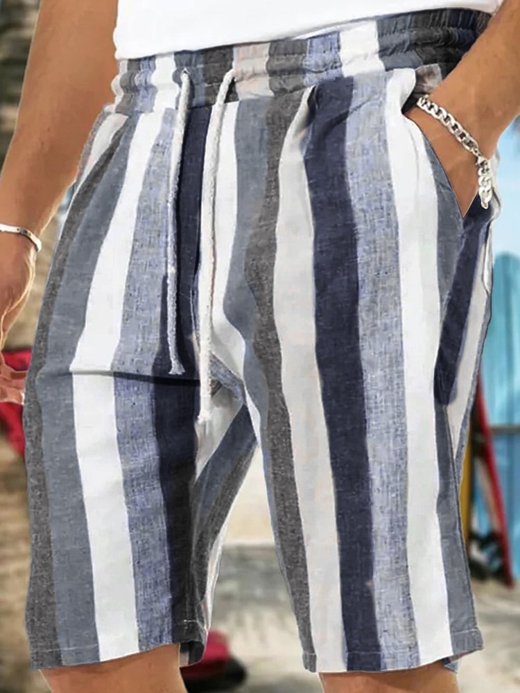 Men's Slant Pocket Striped Print Drawstring Beach Shorts