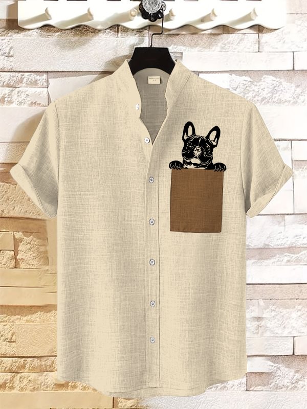 Men's Peekaboo French Bulldog Print Linen Blend Shirt