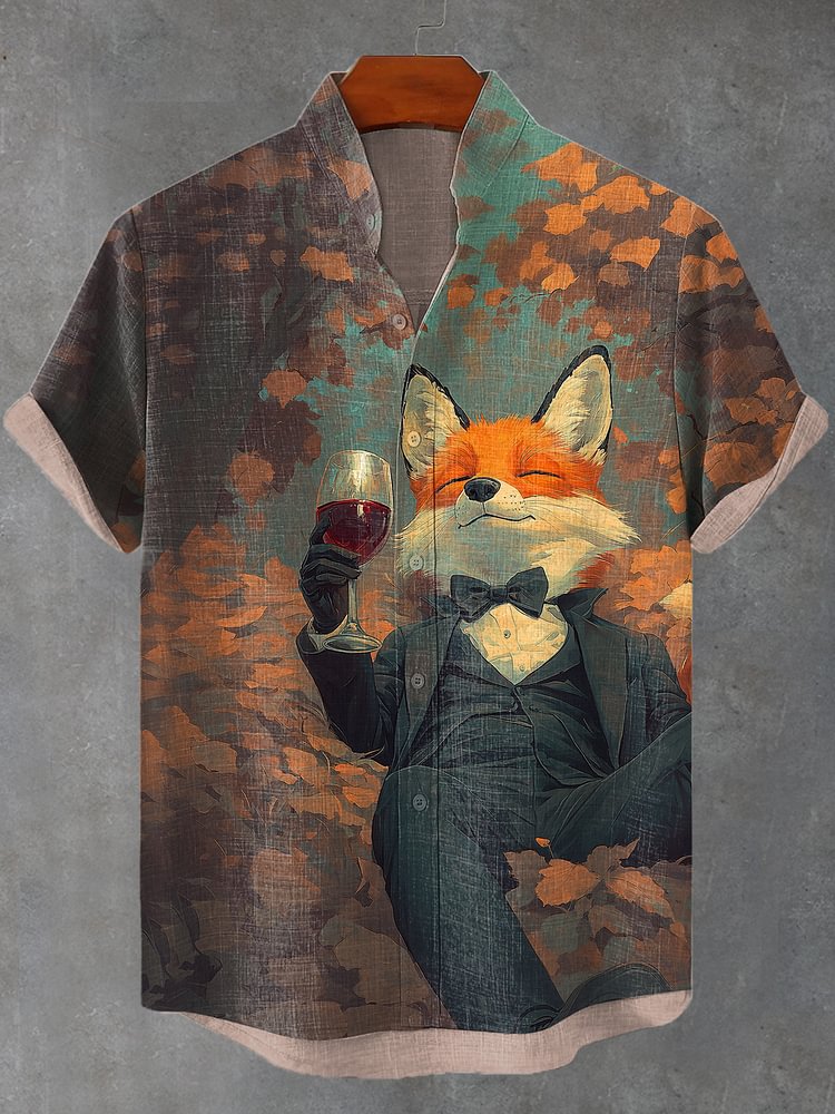 Men's Forest Fox Gentleman Red Wine Print Casual Shirt