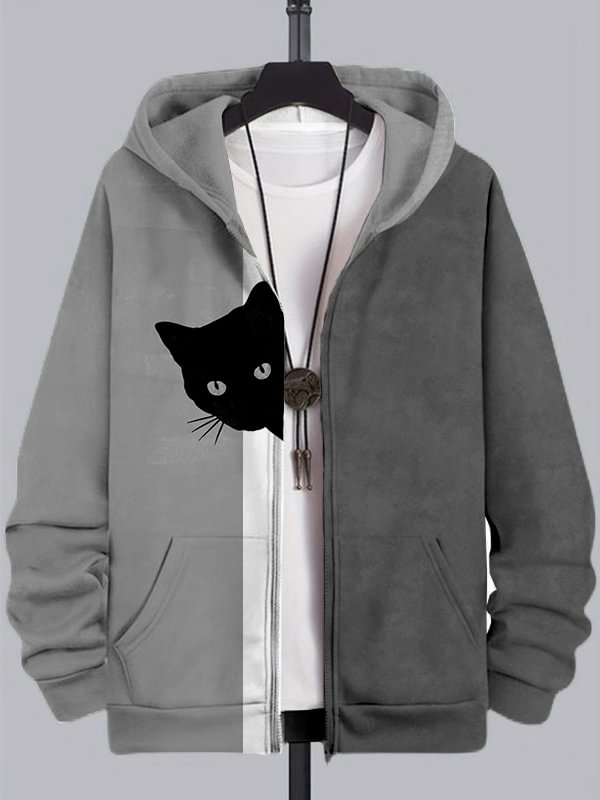 Men's Fun Hide And Seek Black Cat Print Hooded Zip Up Jacket