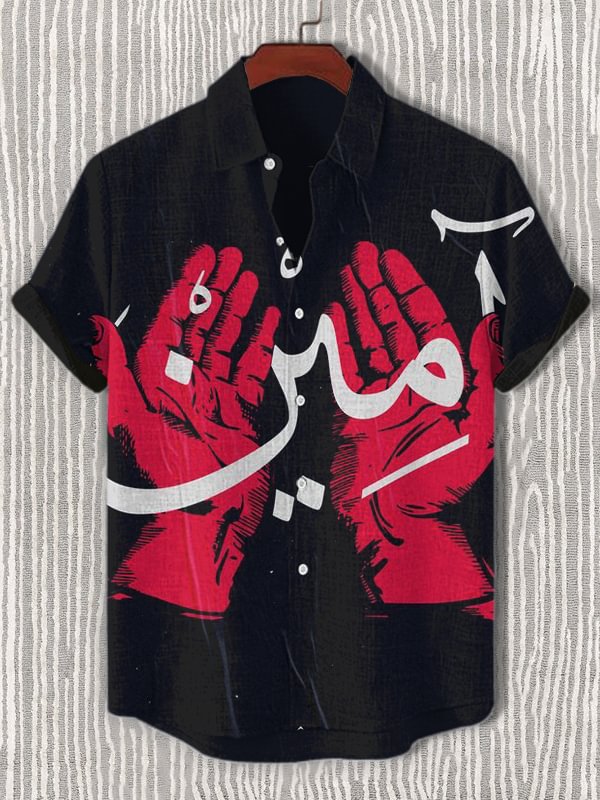 Men's Red Hands Abstract Calligraphy Print Casual Shirt