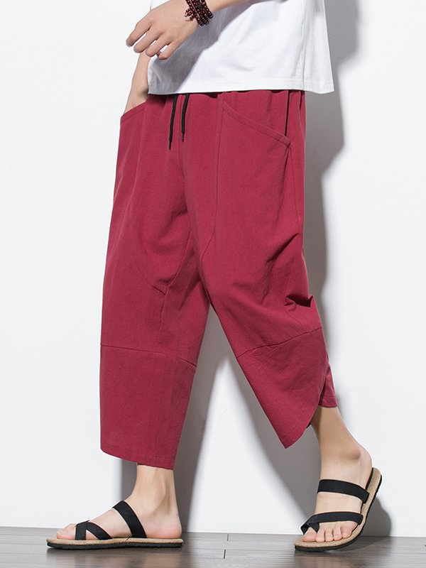 Men's Casual Pocket Drawstring Waist Wrapped Cuff Cotton Linen Crop Harem Pants