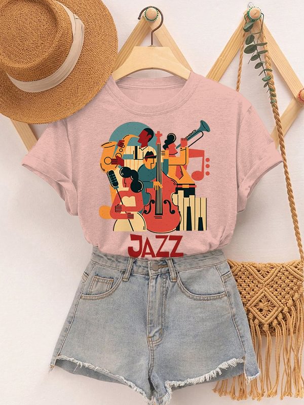 Women's Retro Instrumental Music Playing Jazz Print Cotton Casual T-Shirt