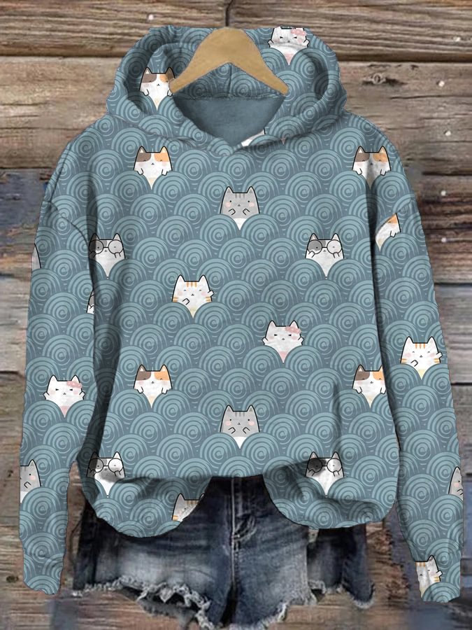 Women's Cute Cats Wave Pattern Print Casual Hoodie