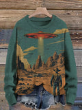 Women's Western Cowboy Meets UFO Art Print Casual Sweatshirt
