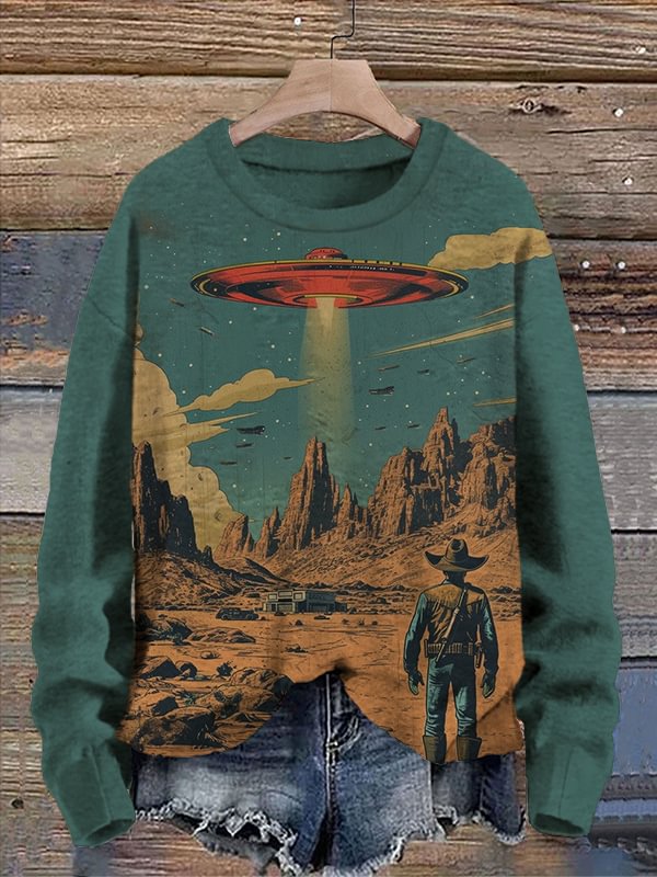 Women's Western Cowboy Meets UFO Art Print Casual Sweatshirt