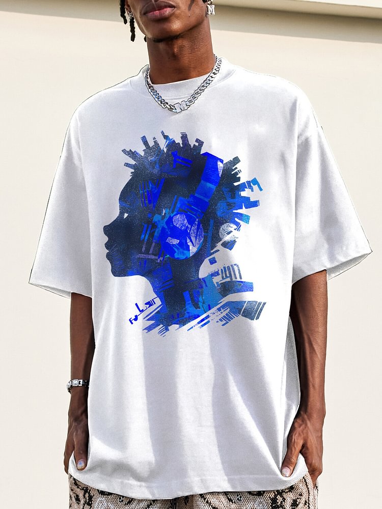 Men's Cool Black Music Hippie Boy Print Cotton Casual T-Shirt