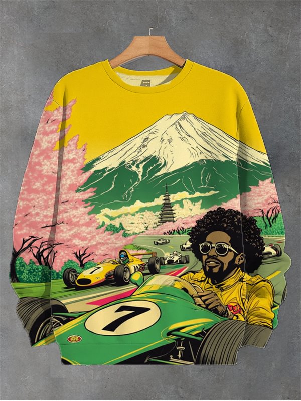 Men's Outdoor Sakura Car Racing Print Casual Sweatshirt