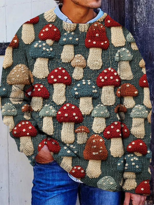 Men's Hippie Mushrooms Felt Embroidery Print Knit Sweatshirt