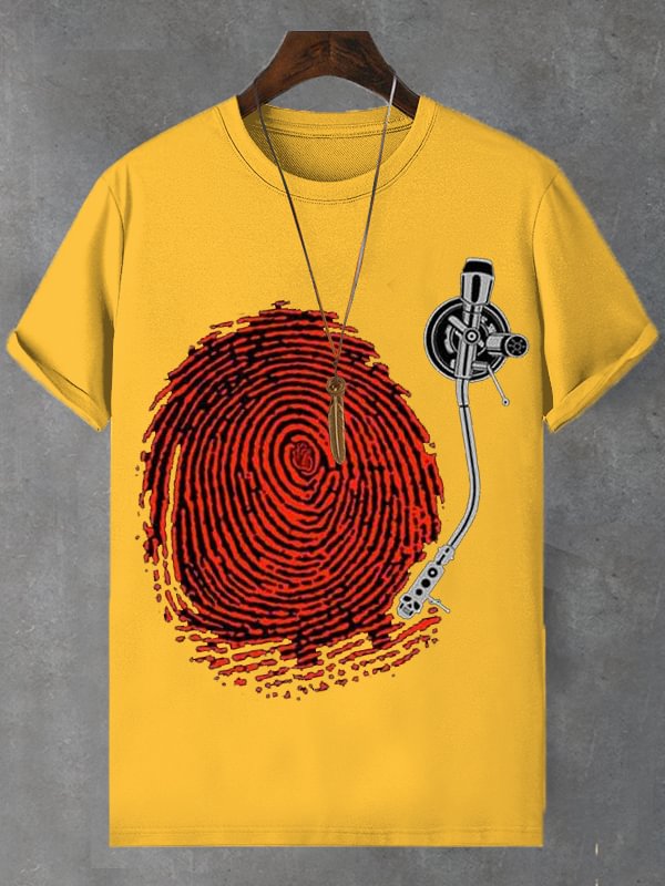 Men's Retro Fingerprint Record Print Cotton Casual T-Shirt
