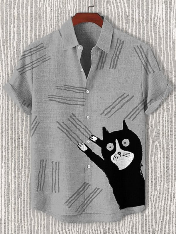 Men's Naughty Cat Likes To Scratch Art Print Casual Shirt