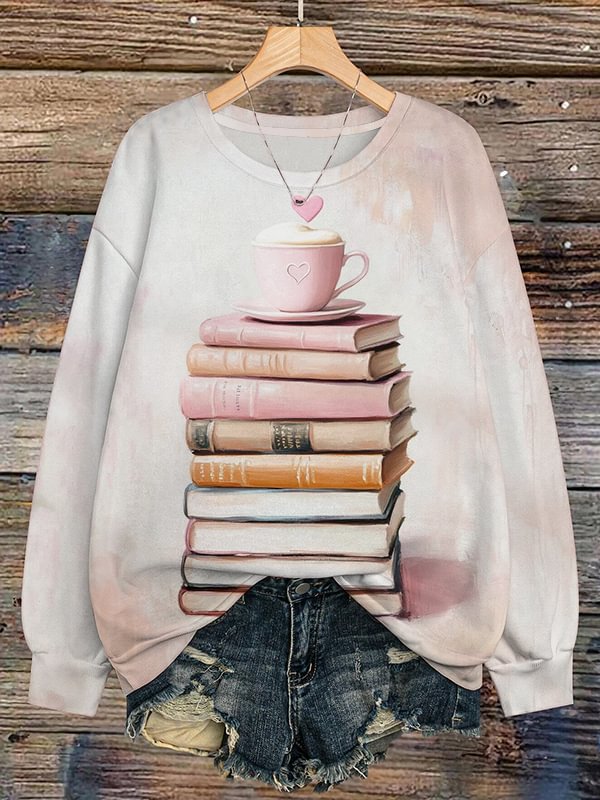 Women's Books and Coffee Print Casual Sweatshirt