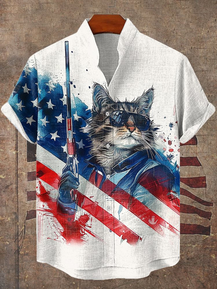 Men's Cool Patriotic Cat Warrior Ink Painting Print Linen Blend Shirt