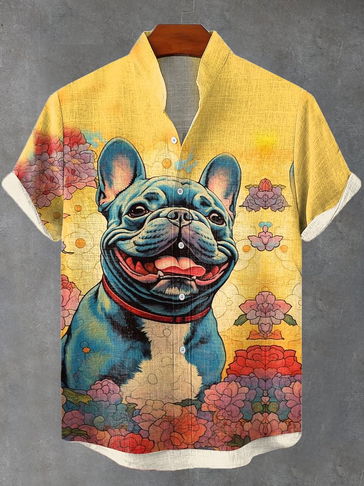 Men's Boho Sakura Ukiyo-e Bulldog Print Linen Blend Shirt