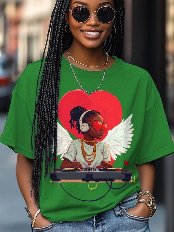 Women's Valentine's Day DJ Print Cotton Casual T-Shirt