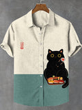 Men's Japanese Funny Sushi Black Cat Art Print Linen Blend Shirt