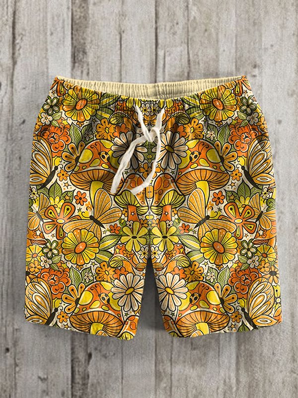 Men's Hippie Mushroom Flower Insect Art Print Vacation Shorts