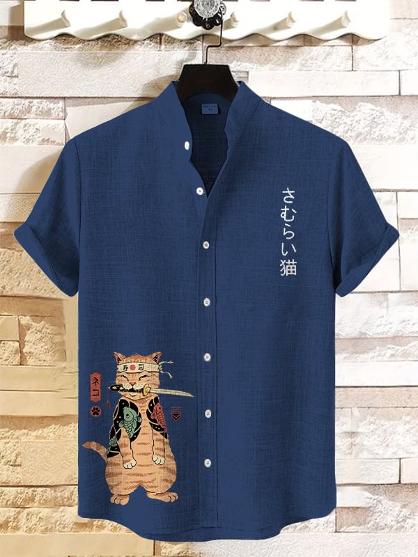Men's Japanese Sushi Samurai Cat Print Casual Linen Blend Shirt