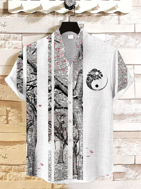 Men's Cherry Blossom Tree Balanced Color Block Art Print Short Sleeve Linen Blend Shirt