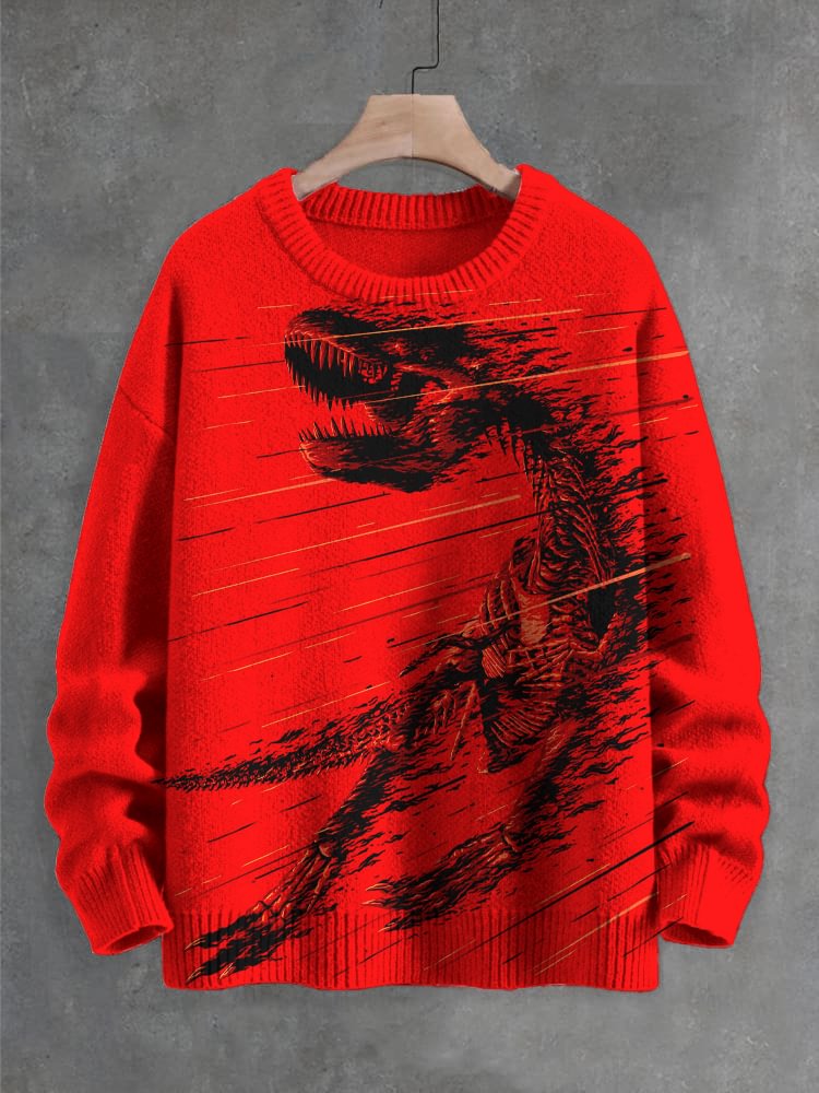 Men's Vintage Dinosaur Skeleton Print Knit Sweatshirt