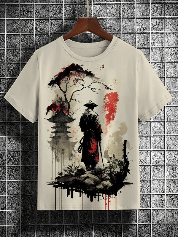 Men's Samurai Tower Tree Japanese Art Print Casual Short Sleeve T-Shirt