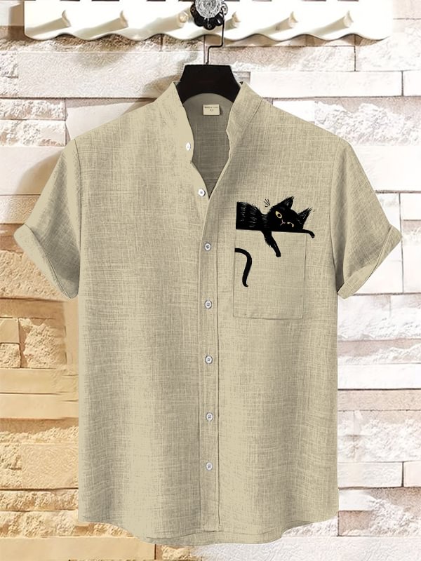 Men's Cat Lying On Pocket Art Print Linen Blend Shirt