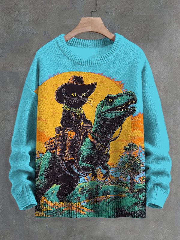Men's The Fantasy Journey Of Cowboy Black Cat And Dinosaur Print Knit Sweatshirt