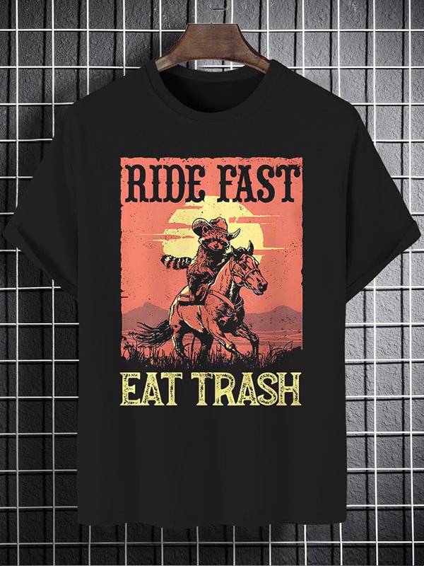 Men's Racoon Riding Horse Ride Fast Eat Trash Graphic Print Cotton Casual T-Shirt