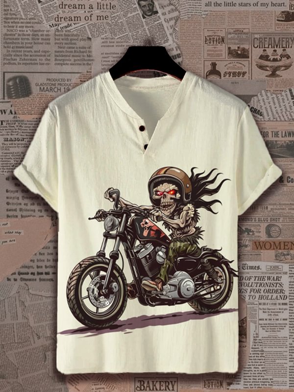 Men's Skeleton Riding Motorcycle Art Print V Neck Button T-Shirt