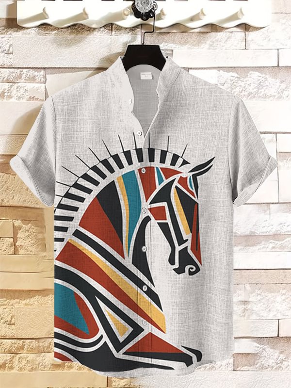 Men's Abstract Piano Geometric Colorblock Horse Print Casual Shirt