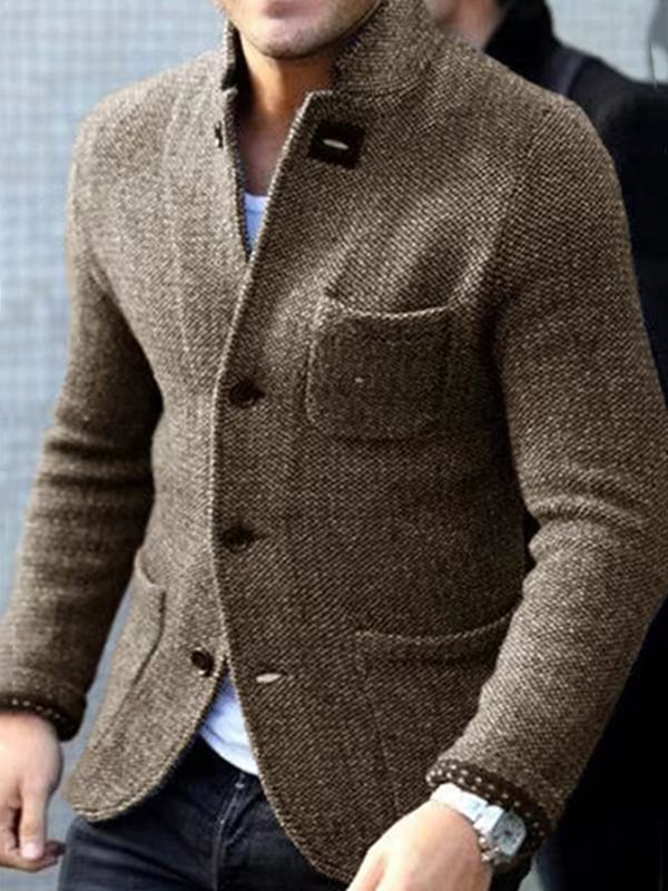 Men's Business Casual Slim Stand Collar Single Breasted Pocket Knit Jacket