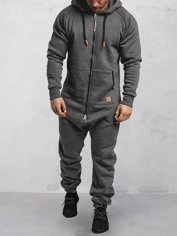 Men's Casual Solid Color Zipper Pocket Fleece Hooded Jumpsuit