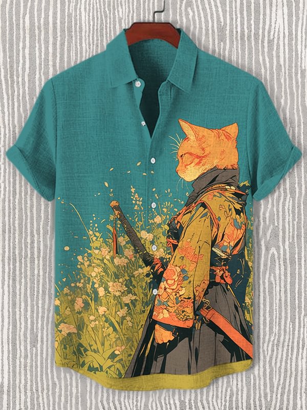 Men's Elegant Kimono Samurai Cat In The Field Art Print Casual Shirt