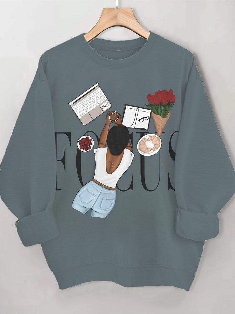 Women's Focus Black Woman Reading Art Print Casual Sweatshirt