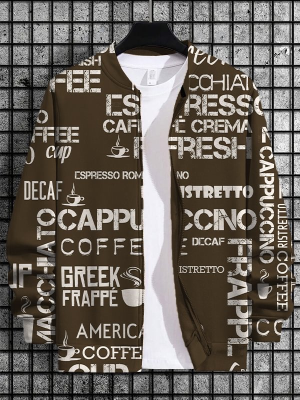Men's Various Coffee Art Print Casual Zip Up Jacket