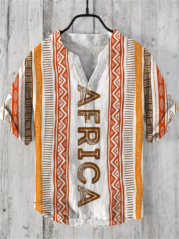 Men's Africa Tribal Traditional Pattern Printed Half Button Linen Blend Shirt